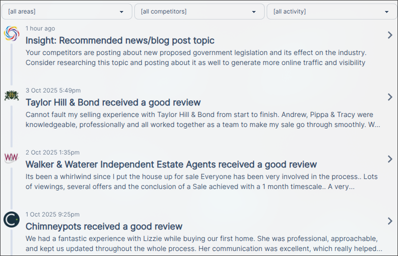 Screenshot of updates/activity feed